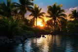 Tropical water and palms at sunset,Generative AI	