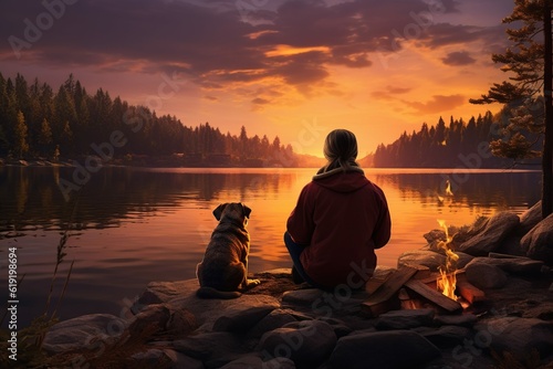 Young woman and her dog are sitting on the shore of a lake near a campfire in camp  enjoying an amazing view of the lake at sunset. Friendship between man and dog  Generative AI 