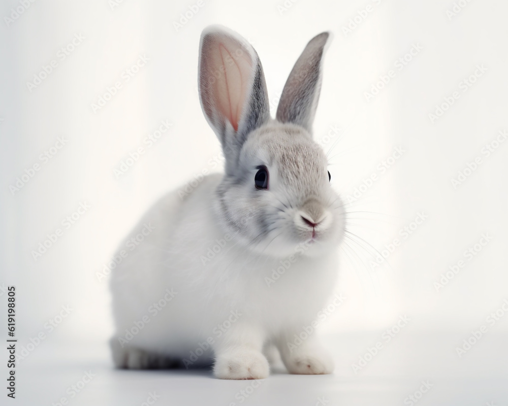 Common white rabbit (Oryctolagus cuniculus) isolated on a white background in a studio shot. Generative ai. Common white rabbit (Oryctolagus cuniculus) isolated on a white background in a studio shot. Generative ai.