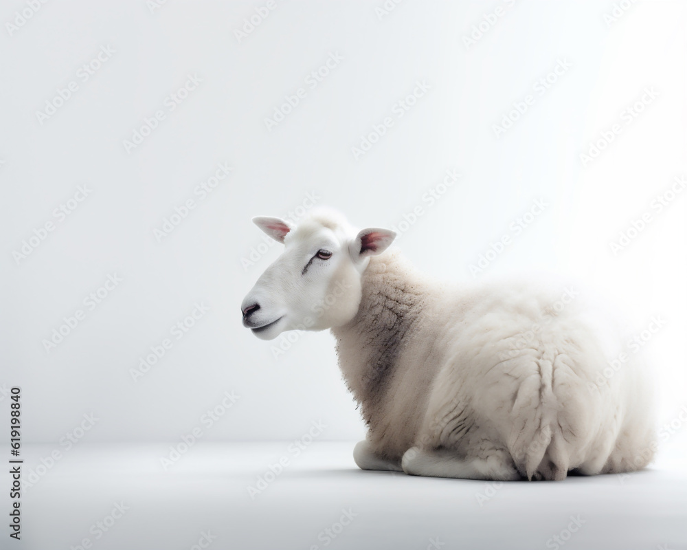 Obraz premium White domestic sheep (Ovis aries) isolated on a white background. Generative ai.