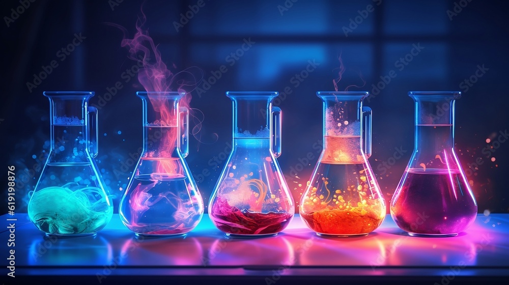 Laboratory glass dishes with bright liquid for the experiments of new quality universal colorful technology image illustration design, Generative Ai Laboratory glass dishes with bright liquid for the experiments of new quality universal colorful technology image illustration design, Generative Ai