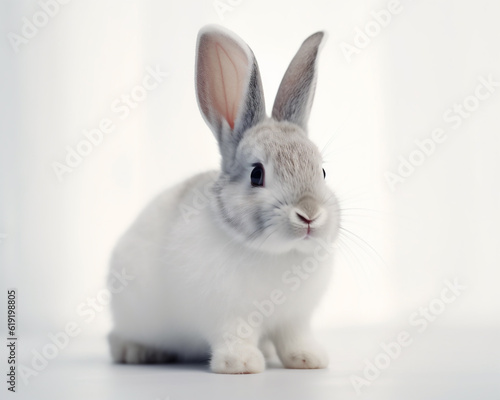 Common white rabbit (Oryctolagus cuniculus) isolated on a white background in a studio shot. Generative ai.