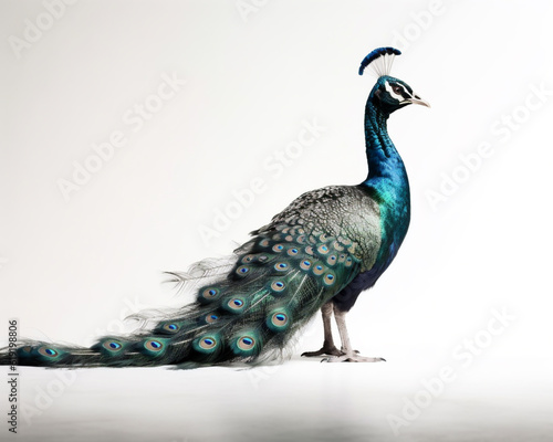 Common peacock (Pavo cristatus) isolated studio portrait shot on a white background. Generative ai.