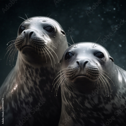 Two common harbor seals (Phoca vitulina) on a dark background. Generative ai. © Modern Artizen