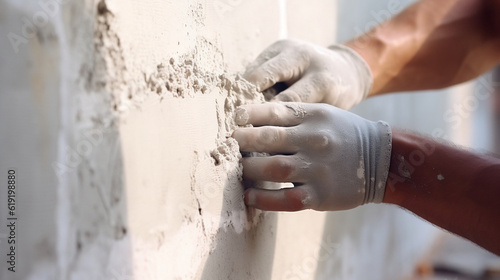 closeup hand of worker plastering cement at wall for building house, Generative Ai