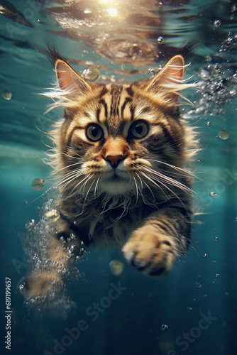 closeup wide angle underwater photo upshot of a cat underwater. cute  funny pet swims. generative ai  ai  generative