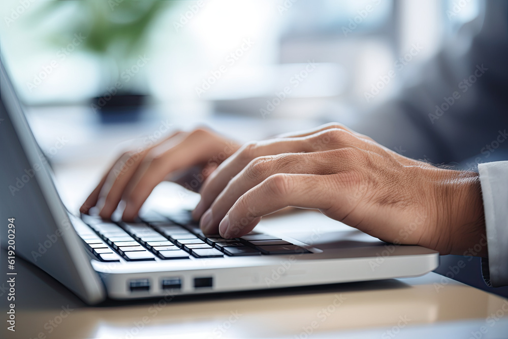 A close-up photo of an office worker's hands typing on a keyboard, background slightly blurred, focus on the hands A close-up photo of an office worker's hands typing on a keyboard, background slightly blurred, focus on the hands
