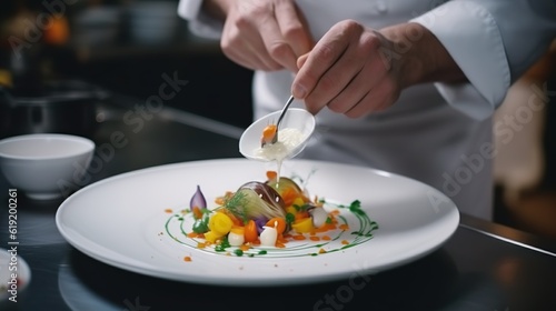 Chef crea un hermoso plato en un restaurante. Generado por IA.