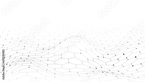 Digital hexagon dynamic wave of particles. Vector abstract white futuristic background. Big data visualization.
