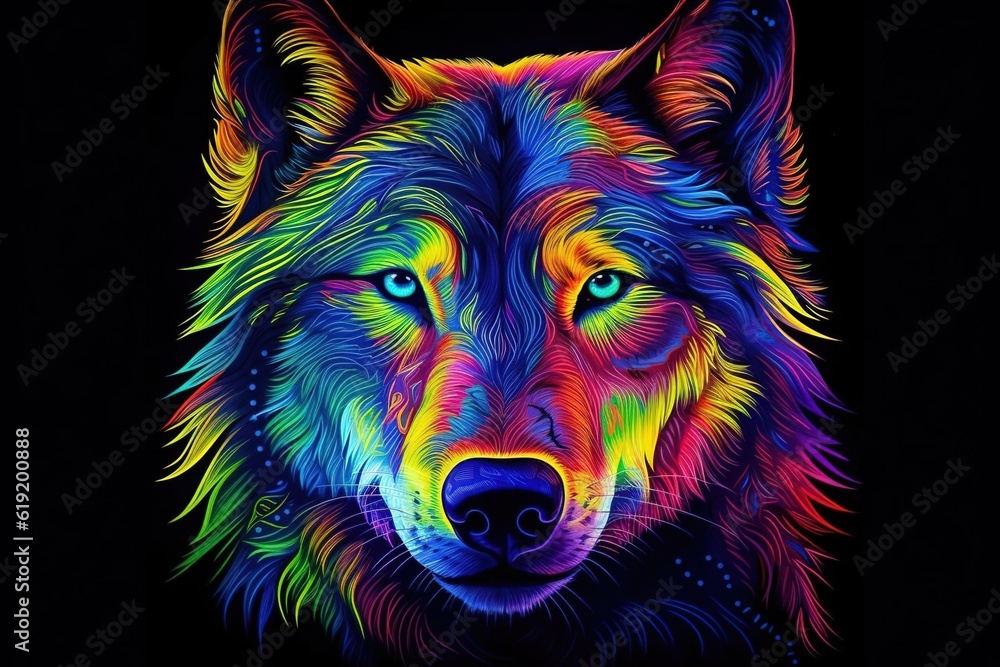 Colorful wolf paints on a black background. Created with generative AI. Colorful wolf paints on a black background. Created with generative AI.