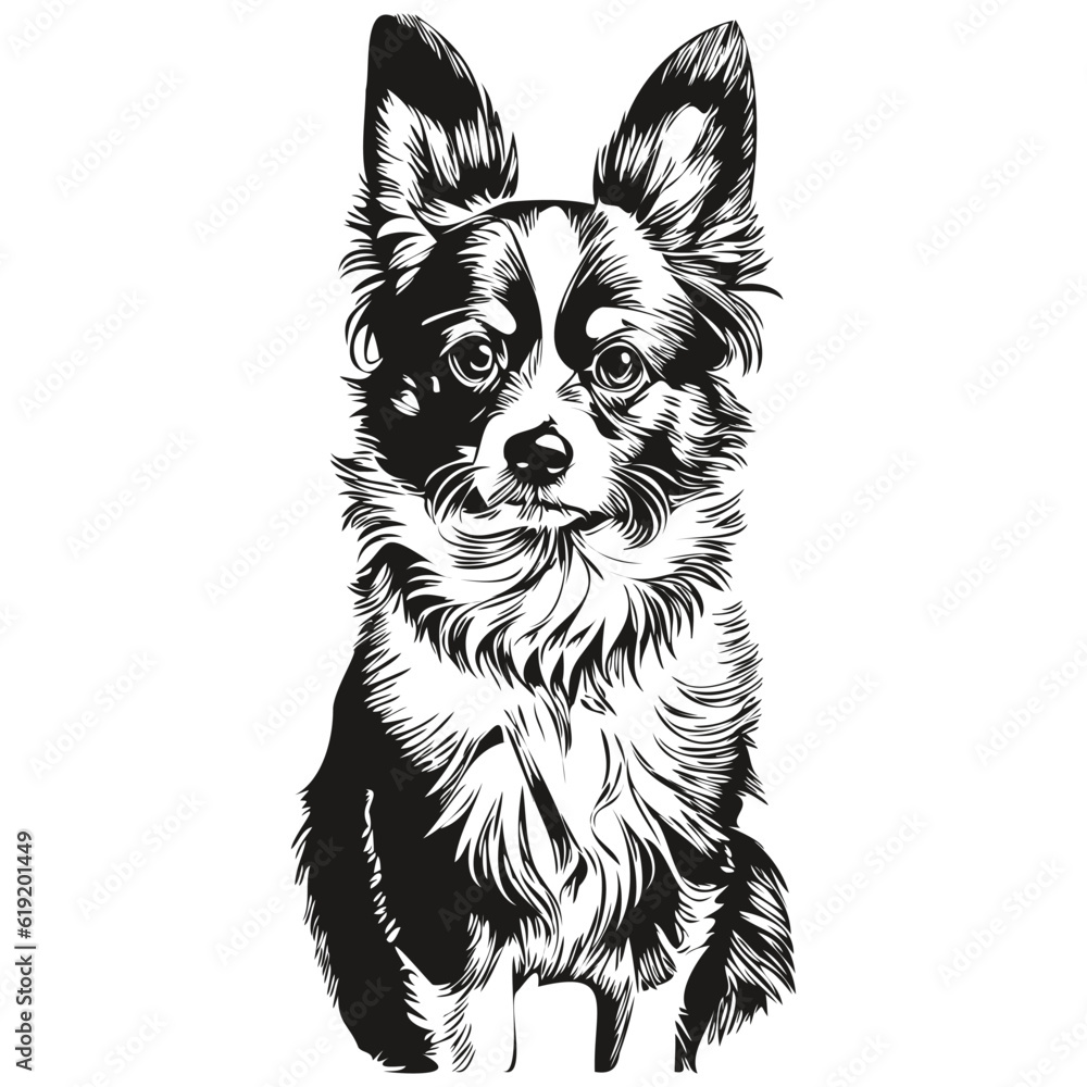 Papillon dog dog logo vector black and white, vintage cute dog head engraved sketch drawing