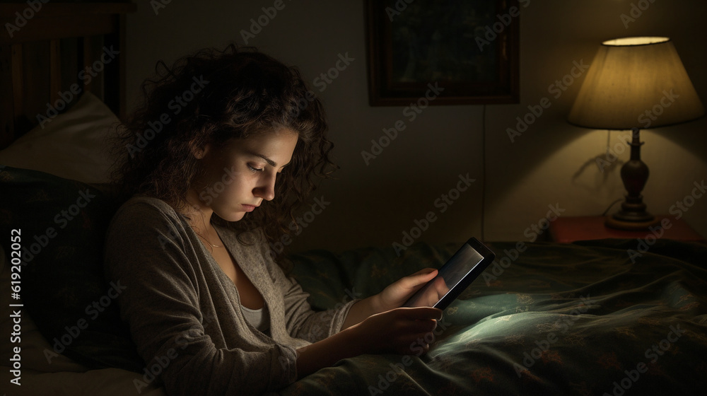 Obraz premium Young woman uses her phone on the evening