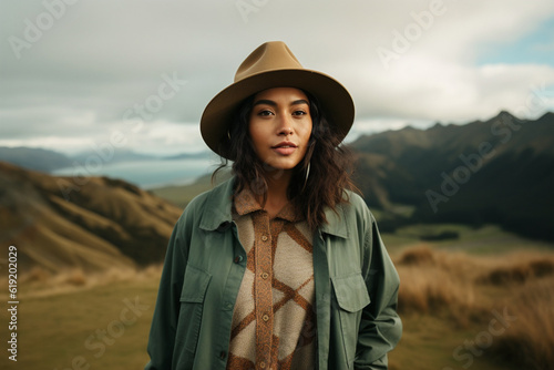 Woman in a hat on front of the mountains