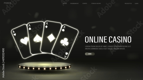 A web banner with neon poker cards on a podium with bright glowing lamps. A casino-themed concept for a website in black and gold.