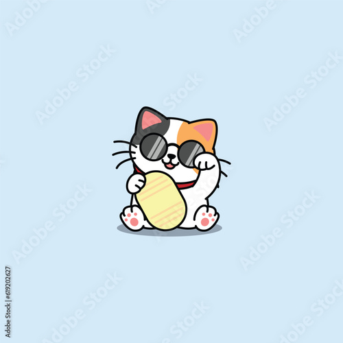 Maneki neko kawaii lucky cat three color with sunglasses cartoon, vector illustration