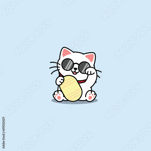Maneki neko kawaii lucky cat with sunglasses cartoon, vector illustration