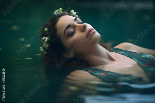 Woman in the lake with flowers crown around her head. Wellness concept.