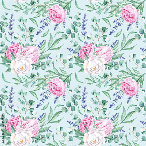 Fototapeta Naklejka Na Ścianę i Meble -  Seamless watercolor pattern with white and pink peonies, eucalyptus and lavender branches on blue background. Can be used for wedding prints, gift wrapping paper, kitchen textile and fabric prints.