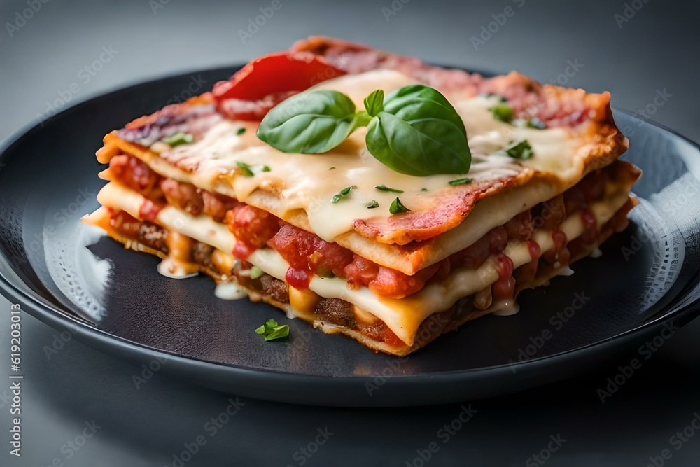 slice of pizza on a plate lasagna with tomato sauce generative in ai technology slice of pizza on a plate lasagna with tomato sauce generative in ai technology