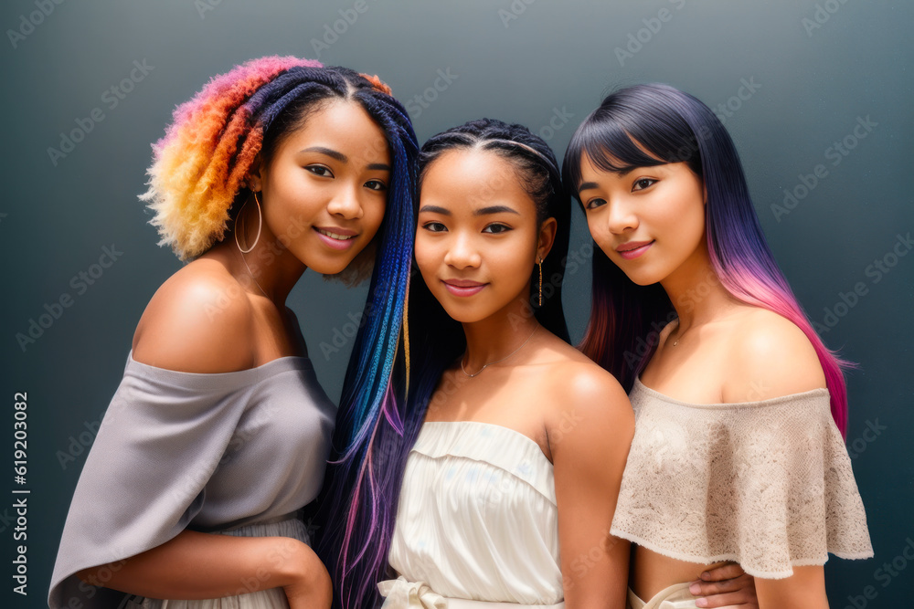 Obraz premium Digital photo of Group of cheerful college women, standing in the campus of the university or college. Back to School concept. Generative AI