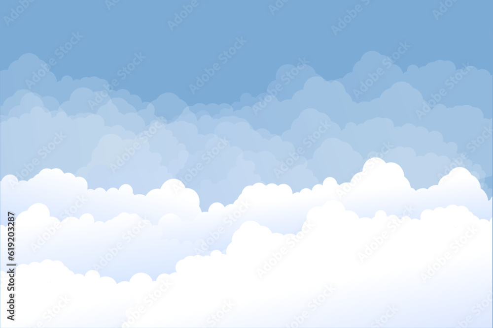 Modern Background with Clouds on Blue sky. Abstract Paper Art Cartoon Object for Poster, Flyer, Postcard, Web, Banner, Cover. Vector illustration.