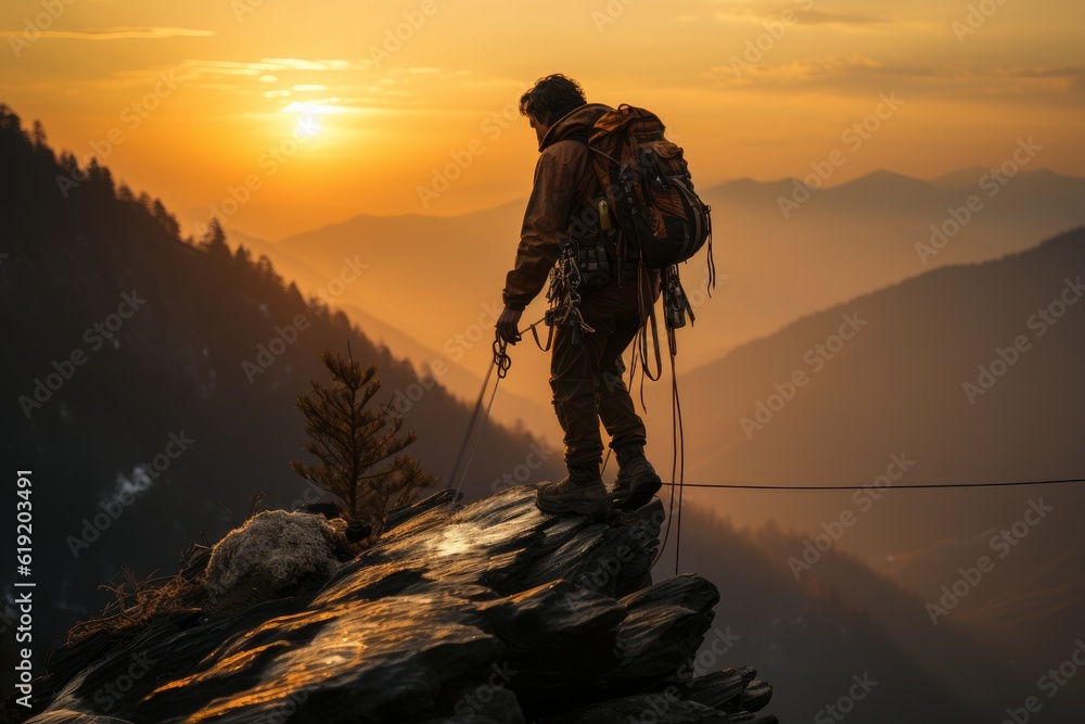 silhouette of man trekking on a large mountain in an orange sunset