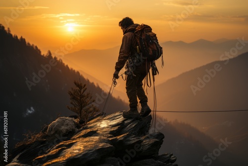 silhouette of man trekking on a large mountain in an orange sunset © jechm