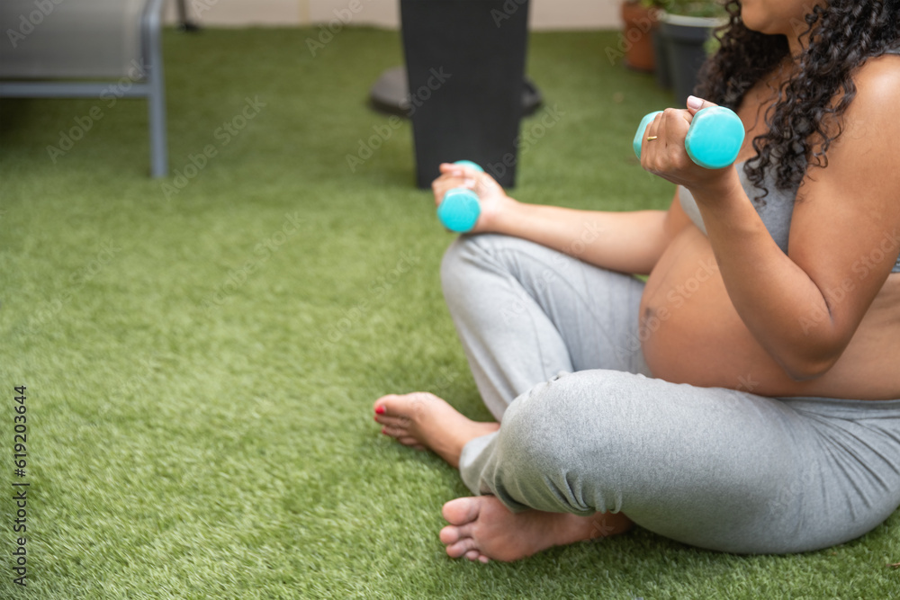 Pregnant woman doing exercises with weights Pregnant woman doing exercises with weights