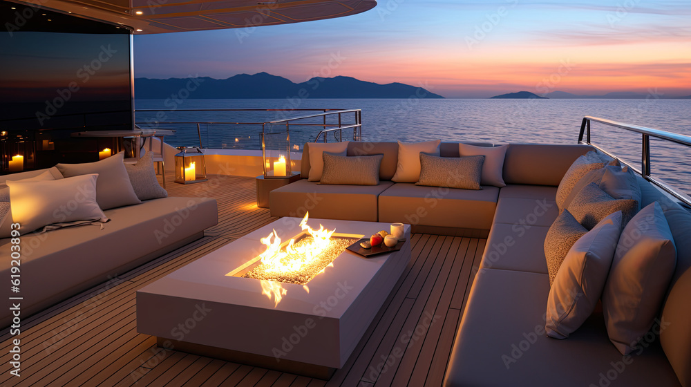 A dynamic yacht deck at twilight, capturing the allure of a nighttime voyage, the ocean illuminated by the yacht's ambient lights