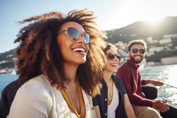 Group of mix race young people  having a party on the luxury yacht