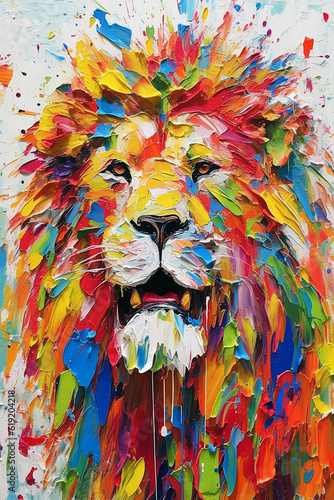 Colorful Palette-knife drawing of a Lion. Using Primary Colors, 