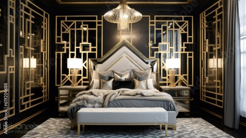 Bedroom decor, home interior design . Art Deco Glamorous style with Mirrored Wall decorated with Velvet and Gold material . Generative AI AIG26. photo