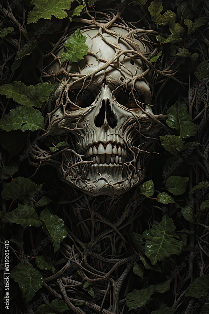 Human skull lies hidden beneath a tangle of poison ivy. Nature's relentless grip has taken over, creating a haunting and macabre scene. An unsettling reminder of the cycle of life and death Human skull lies hidden beneath a tangle of poison ivy. Nature's relentless grip has taken over, creating a haunting and macabre scene. An unsettling reminder of the cycle of life and death