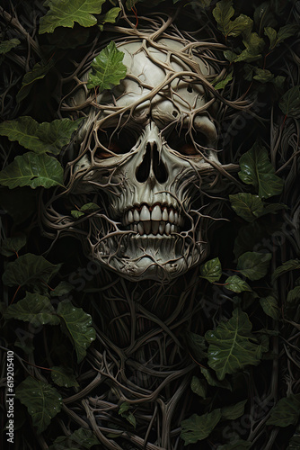 Human skull lies hidden beneath a tangle of poison ivy. Nature s relentless grip has taken over  creating a haunting and macabre scene. An unsettling reminder of the cycle of life and death