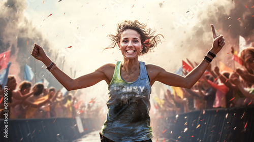 She triumphantly sprints across the finish line of her marathon, the crowd cheering for her accomplishment.