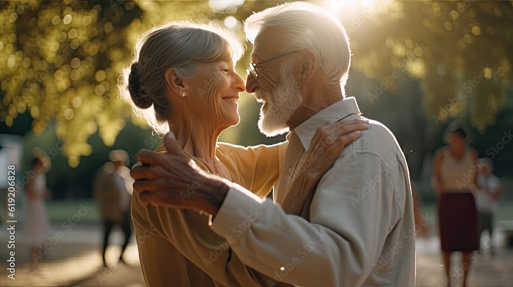 Obraz premium pair of elderly gray-haired men and women in their 80s dancing in a park, serene and peaceful atmosphere