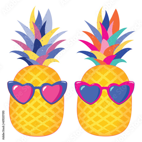 Cute summer pineapple with heart shaped glasses and colorful leaves on a white background, Tropical pineapple 