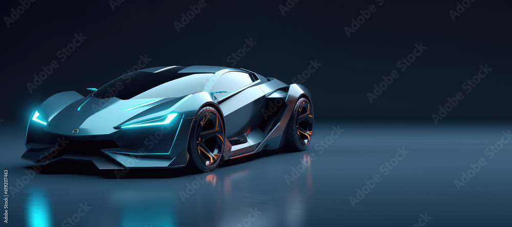 Unbranded generic sports car of the future isolated on dark background with copy space. Banner template for automotive innovation, premium cars. Generative AI 3d render.