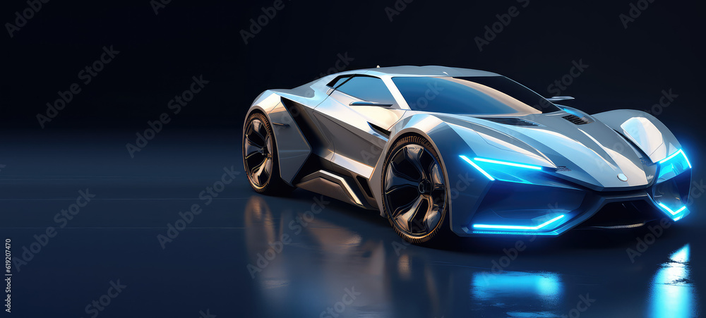 Unbranded generic sports car of the future isolated on dark background with copy space. Banner template for automotive innovation, premium cars. Generative AI 3d render.