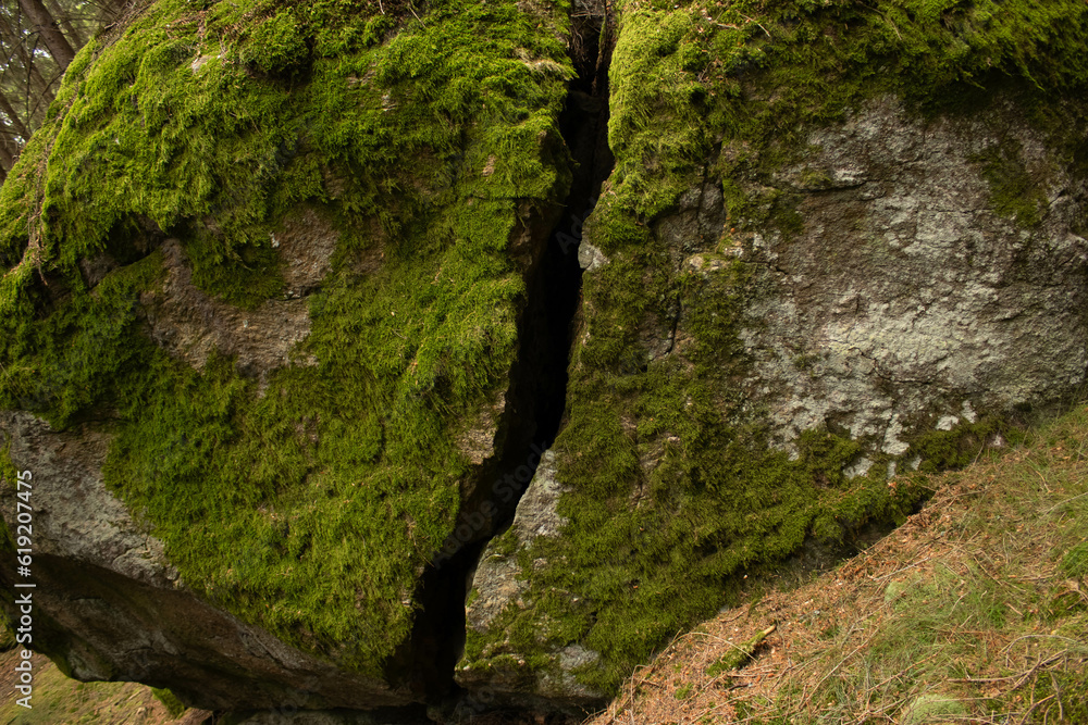 moss on stone, a large stone that has come out of the ground, is covered with moss and has a large crack