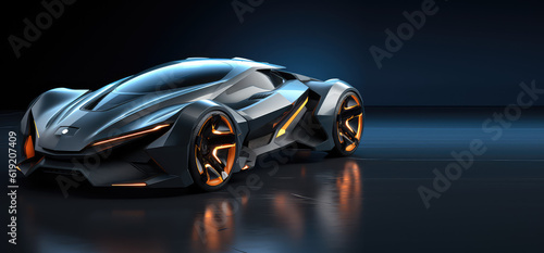 Unbranded generic sports car of the future isolated on dark background with copy space. Banner template for automotive innovation, premium cars. Generative AI 3d render.