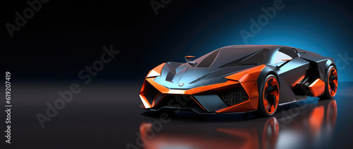 Unbranded generic sports car of the future isolated on dark background with copy space. Banner template for automotive innovation, premium cars. Generative AI 3d render. © dinastya