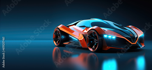 Unbranded generic sports car of the future isolated on dark background with copy space. Banner template for automotive innovation  premium cars. Generative AI 3d render.