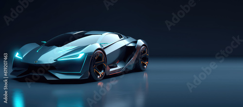 Unbranded generic sports car of the future isolated on dark background with copy space. Banner template for automotive innovation, premium cars. Generative AI 3d render.