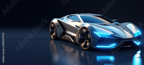 Unbranded generic sports car of the future isolated on dark background with copy space. Banner template for automotive innovation  premium cars. Generative AI 3d render.