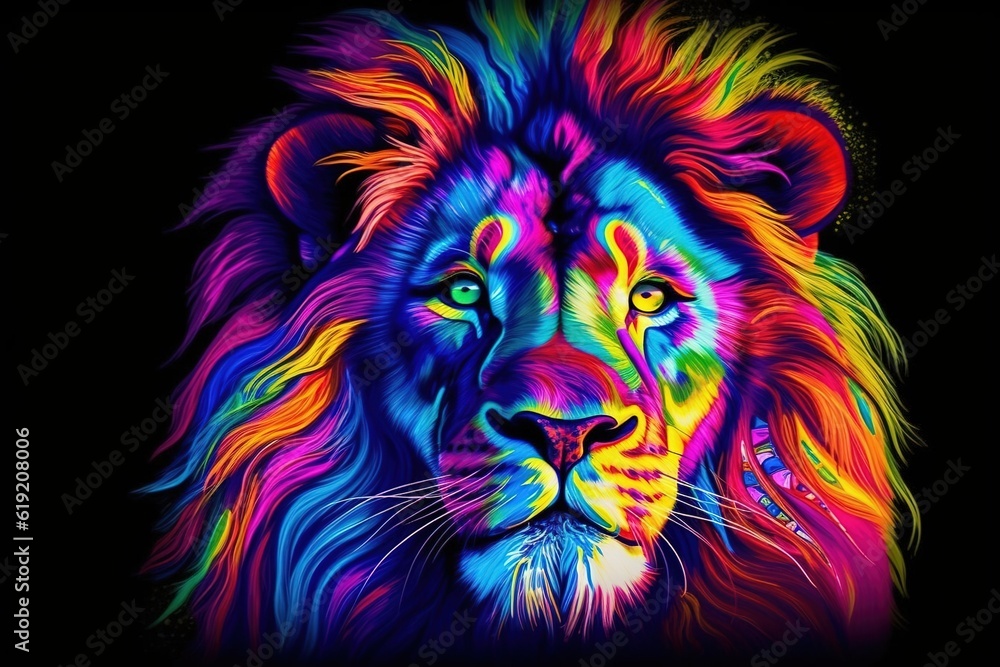 A Colorful lion painting on a black background. Created with generative AI.