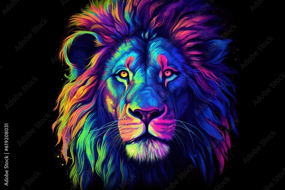 A Colorful lion painting on a black background. Created with generative AI.