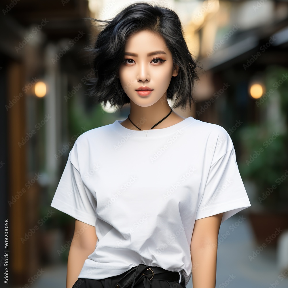 Illustration of a fashion portrait with plain t-shirt mockup , AI Generated Illustration of a fashion portrait with plain t-shirt mockup , AI Generated