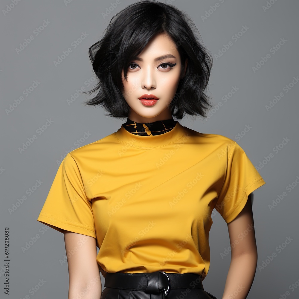 Fototapeta premium Illustration of a fashion portrait with plain t-shirt mockup&nbsp;, AI Generated