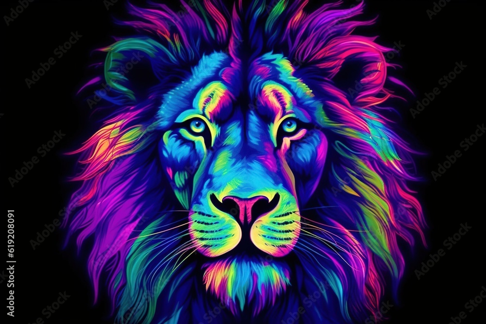 A Colorful lion painting on a black background. Created with generative AI.